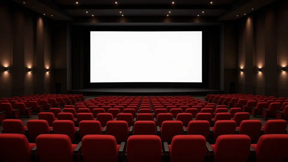 A cinema room with rows of red seats facing a bright screen, no logos