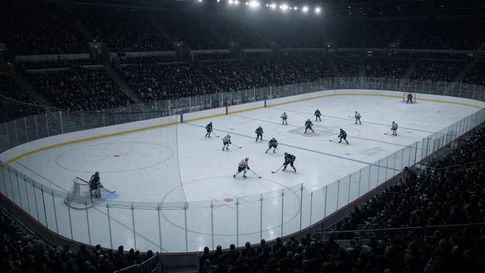 Ice hockey on a rink seen from the stands, no team logos