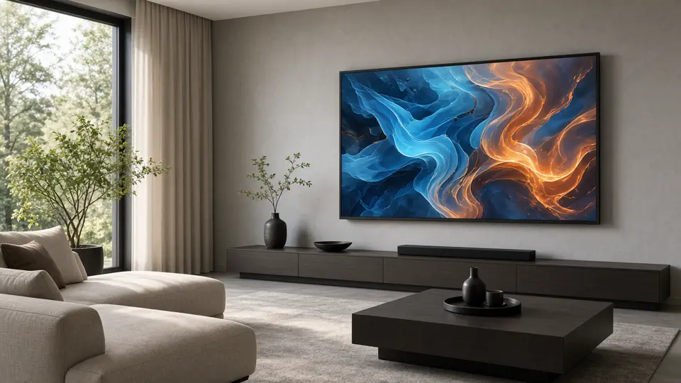 Living room television showing abstract color, no logos