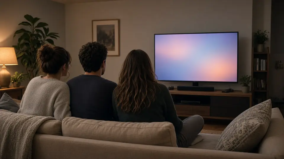 Friends on a sofa watching a television, no posters or logos