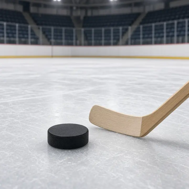 Hockey stick and puck on an ice rink, no team marks