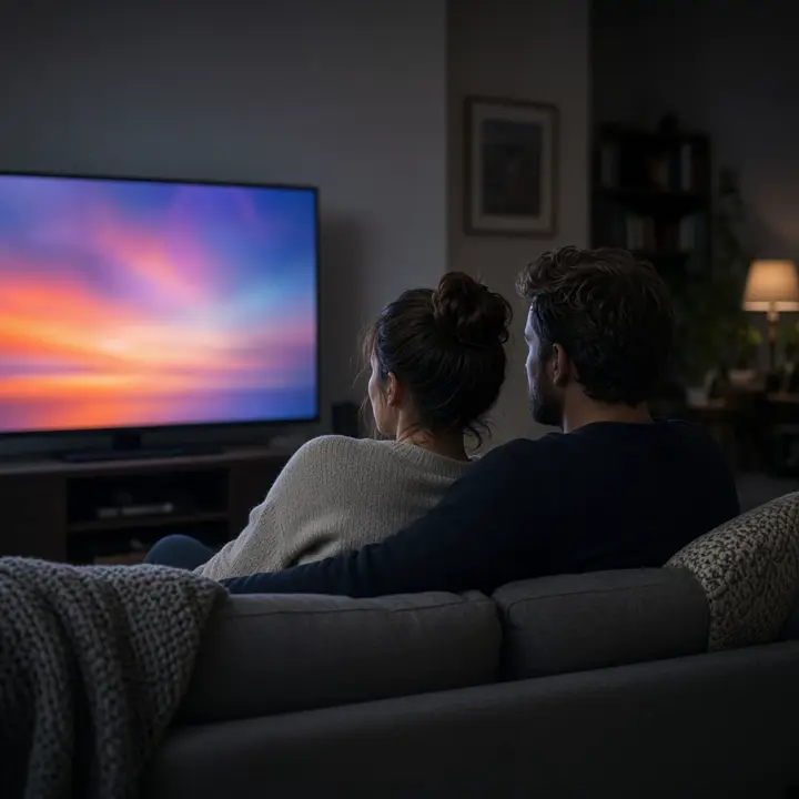 Two people on a sofa watching a television with no titles on screen