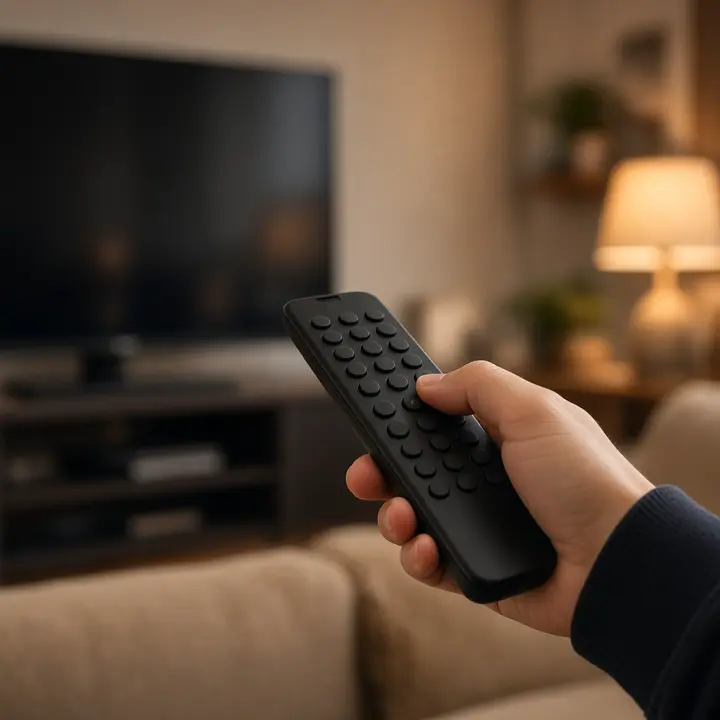 Hand holding a plain television remote, no brand marks