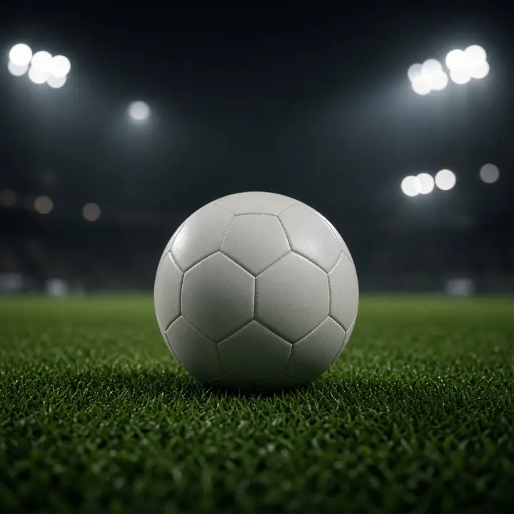 Soccer ball on grass under stadium lights, no logos