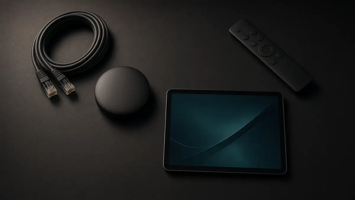 Unbranded streaming puck, remote, and ethernet cable on a dark desk