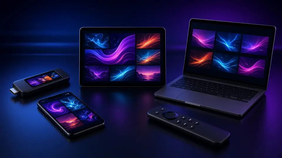 A television, laptop, tablet, and phone on a dark table, each screen glowing violet.