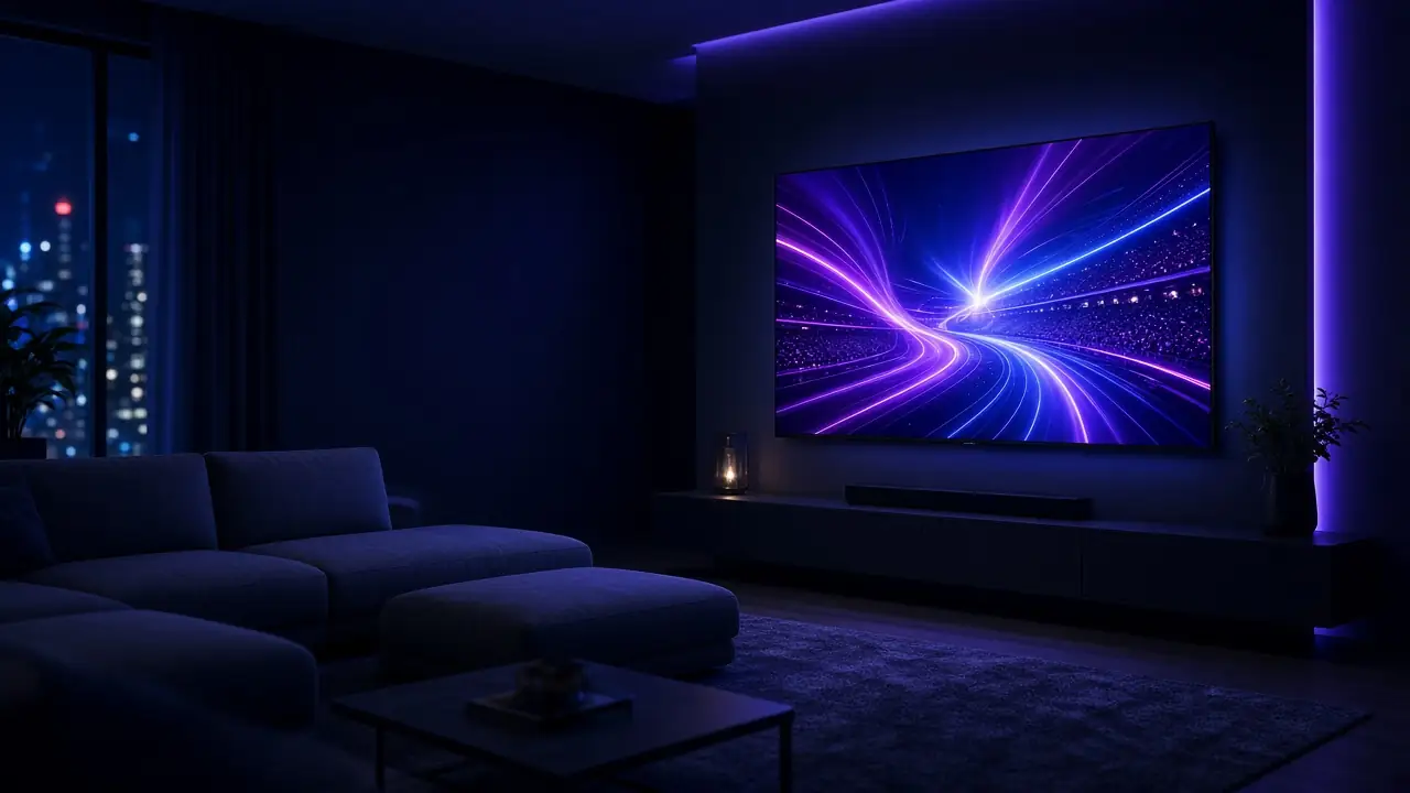Dim living room at night, with a large television glowing violet and a low sofa facing the screen.